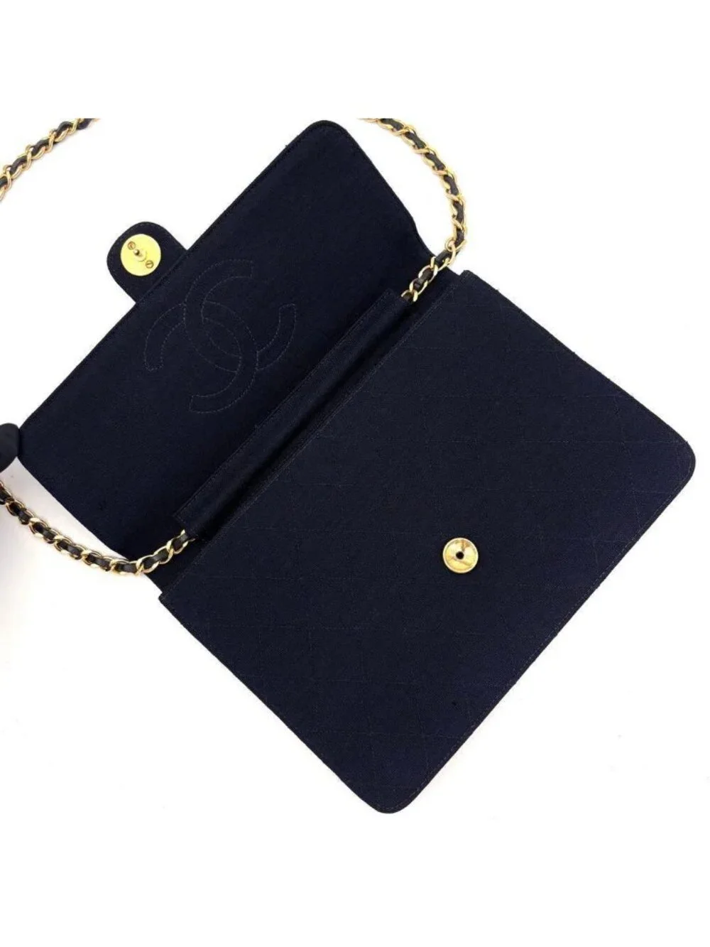 Chanel Quilted Cotton Chain Shoulder Bag Navy Gold